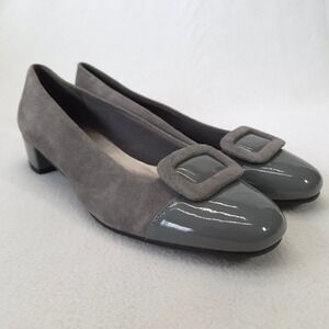 David Tate Gray Suede Low Block Heel Buckle Pumps Round Toe Shoes Size 9